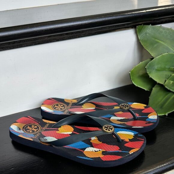 Tory Burch Women’s Flip-Flop Thong Sandals – Colorful Print Logo Beach Slides - Picture 2 of 6